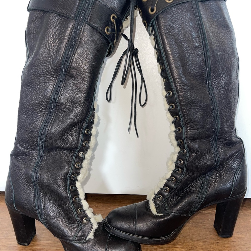 Vintage COACH knee-high leather lace-up boots Size 7.5 B with real fur, like new